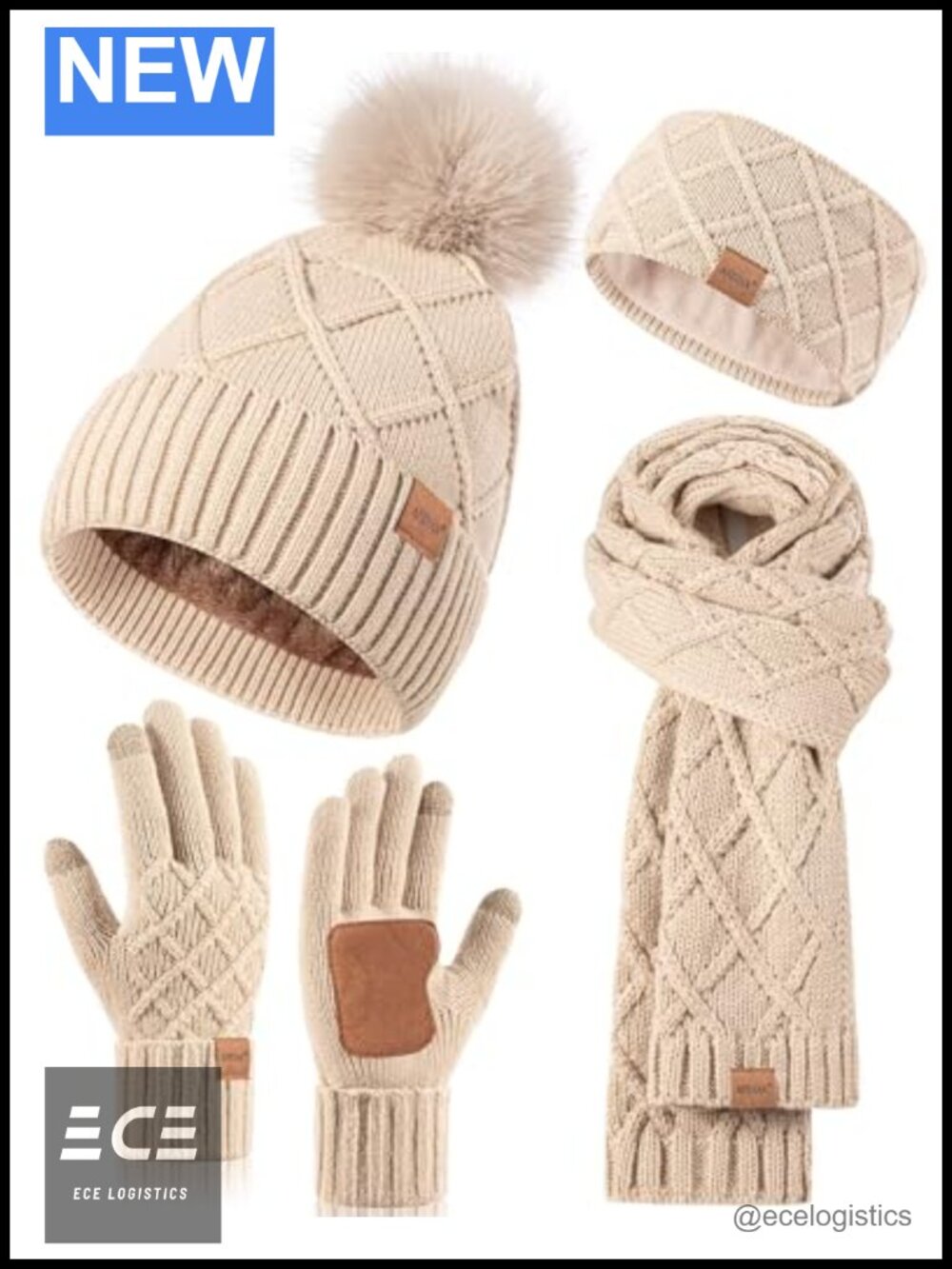 Womens 4-Piece Winter Set Beanie Scarf Touchscreen Gloves Headband Acrylic